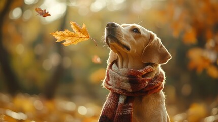 Dog wearing scarf in Fall woods with colorful foliage. Seasonal theme for greeting card background.