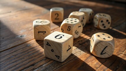 Wooden dice scattered across a sunlit table, casting shadows and reflecting the warmth of the light