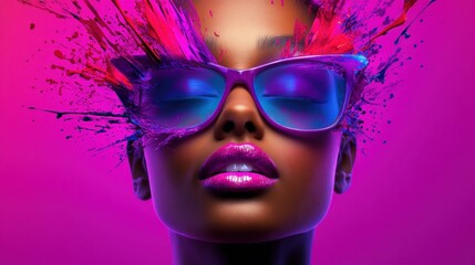 Woman with closed eyes wearing oversized purple sunglasses, with vibrant splashes of paint in shades of pink, purple, and blue exploding from the glasses