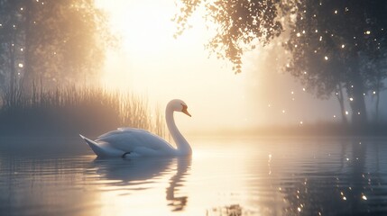 Fototapeta premium A serene swan glides through a misty lake at dawn, surrounded by nature's beauty.