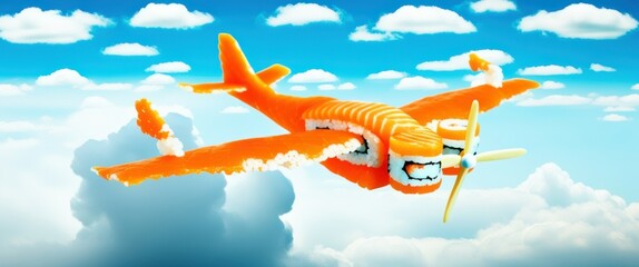 Cartoon airplane, smiling face, orange aircraft, yellow wings, flying in blue sky, fluffy white clouds, cheerful expression, children's illustration style, vibrant colors, anthropomorphic vehicle, fri