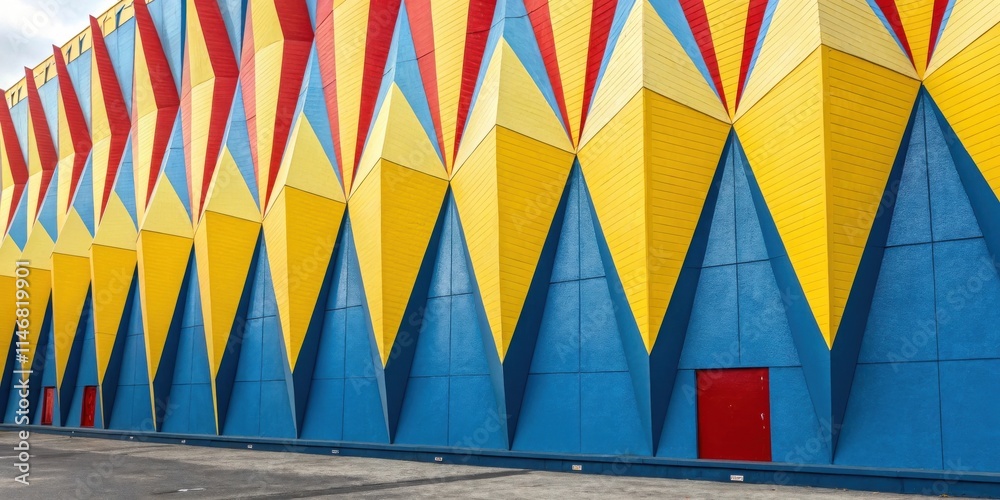 Aufkleber A colorful geometric facade with a repeated pattern of yellow, blue, and red triangles, featuring a red door at the bottom right corner.
