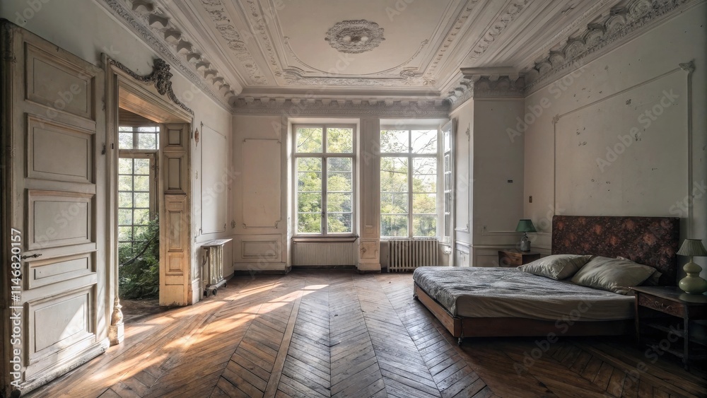Poster sunlight streams through tall windows illuminating a grand room with ornate molding and a bed awaiti