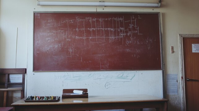 Empty Classroom with Chalkboard Filled with Mathematical Equations and Graphs, Desks and Chairs Neatly Arranged, Educational Environment for Learning and Teaching