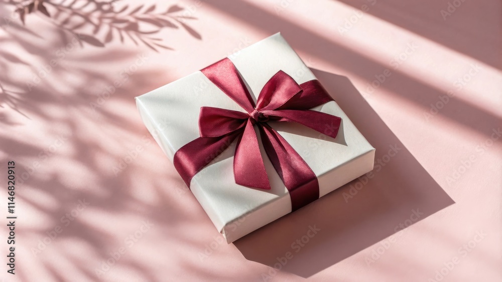 Poster A single white gift box with a burgundy satin bow, resting on a soft pink surface, illuminated by natural light creating a soft and ethereal shadow