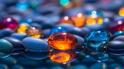 Colorful glass stones on wet pebbles reflecting light.