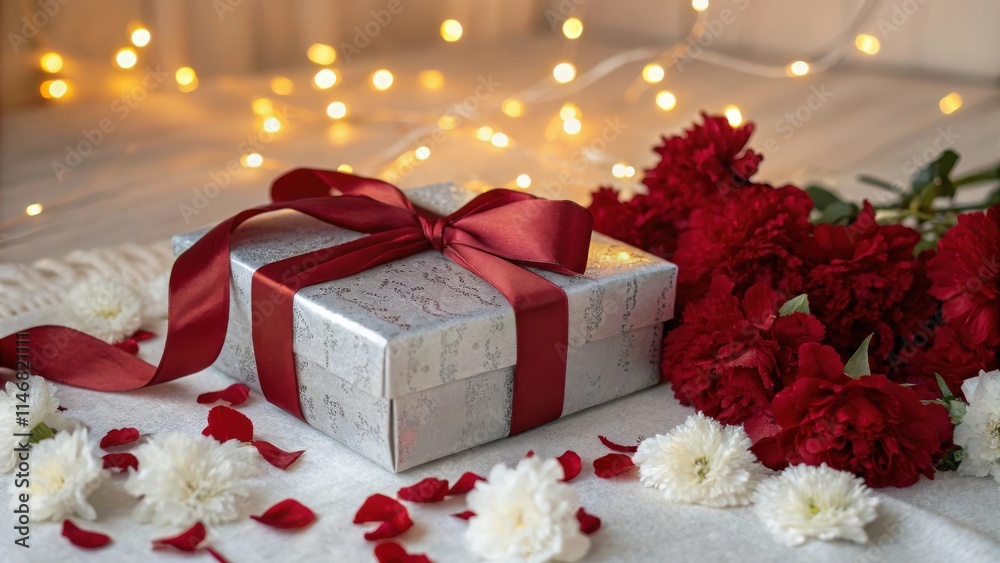 Poster A silver gift box with a red ribbon, surrounded by white flowers and red petals, illuminated by warm, soft light from a string of fairy lights.