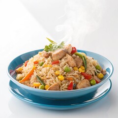 Fried rice in blue plate on white background.