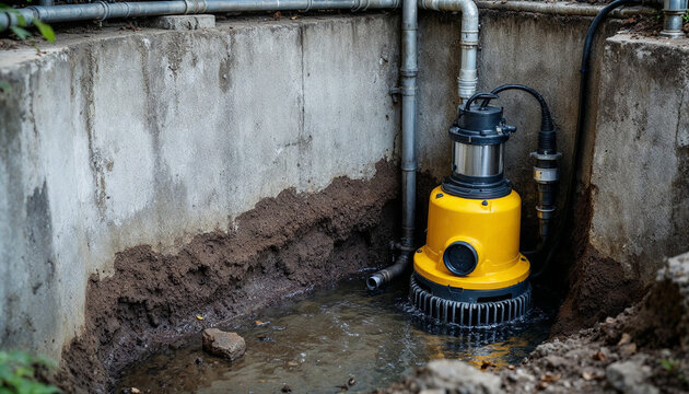 A detailed shot of a sump pump system in a concrete pit, highlighting functionality and drainage.