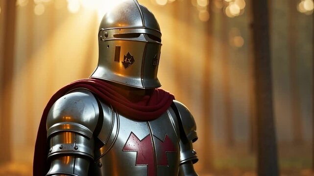Medieval knight in plate armor viewed against sunlight with bokeh background