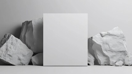 Blank white canvas mockup surrounded by rocks.
