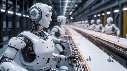 Fototapeta premium Automated Manufacturing Process with Robots on Assembly Line