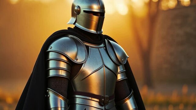Medieval knight in plate armor viewed against sunlight with bokeh background