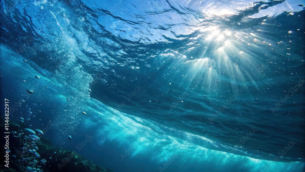 Poster sunbeams penetrate the turquoise water, illuminating a shimmering underwater world with a captivatin