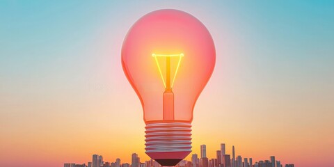 lightbulb ideas strategy transformation concept. A glowing light bulb against a colorful sunset skyline symbolizes innovation and creativity.