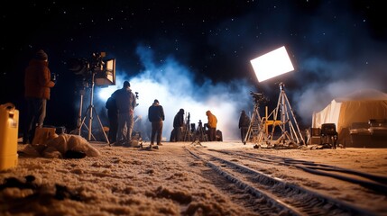 Film crew setting up a night shoot in a snowy landscape