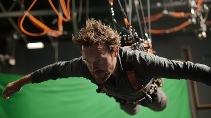 Man in harness simulating flight on a green screen set