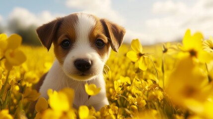 Puppy in a Field of Yellow Flowers