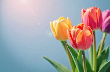 Fototapeta premium Close up fresh colorful tulips on blue background with spase for text. Copy space