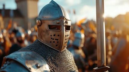 Medieval knight in armor at a historical reenactment event