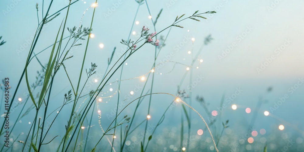 Poster a delicate symphony of nature, illuminated by a string of twinkling lights, casting an ethereal glow