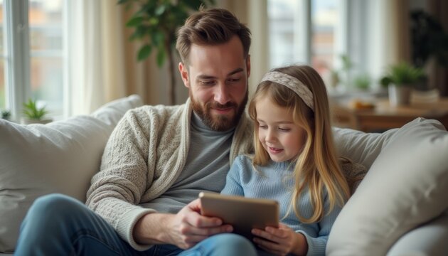 A smiling father and his young daughter sit closely together on a cozy sofa, engrossed in a tablet. Their expressions radiate warmth and happiness, highlighting the special bond they share in a sunlit