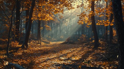 Fototapeta premium Autumnal Forest Path: Golden Sunlight Piercing the Woods
