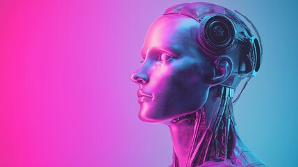 Futuristic robotic head with vibrant neon colors