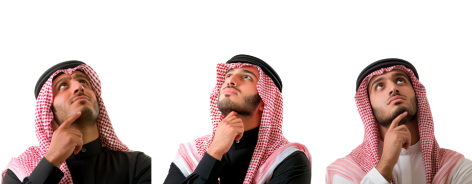 Set of portrait of a Saudi man thinking and looking up with hand at chin, on transparent background PNG