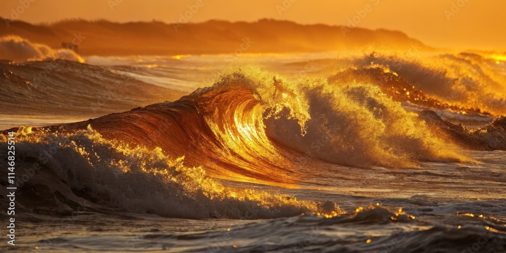 Poster a golden wave crests in the ocean at sunset, its surface shimmering with reflected light.