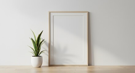 simple minimalist frame mockup poster hanging on the white wall with plant decoration. 50x70, 20x28, 20RP frame mockup poster