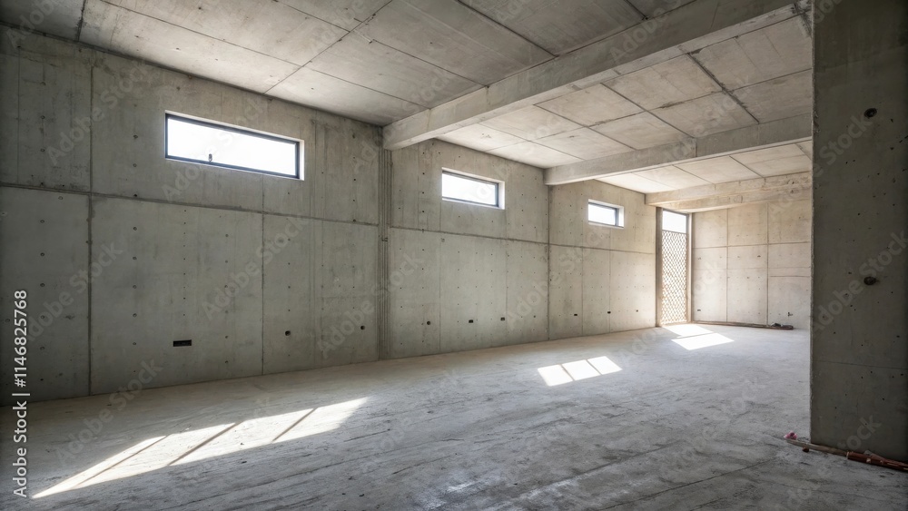Poster a spacious unfinished concrete room with large windows, sunlight streaming through the open doorway 