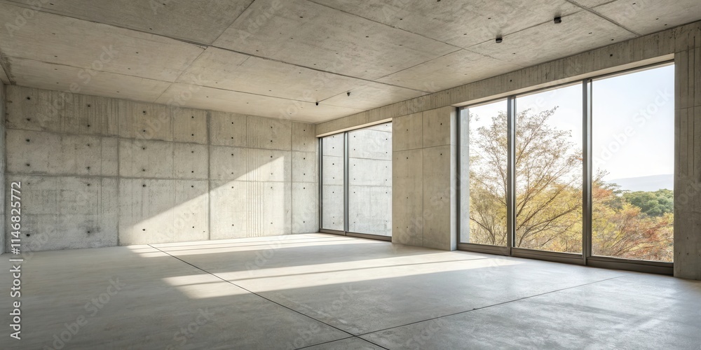Poster Sunlight streams through large windows in a spacious concrete room, illuminating the floor with long, rectangular shadows