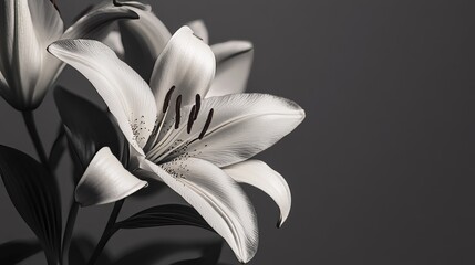 Elegant lilies in a monochromatic palette against a matte gray background, close-up shot, Minimalist style