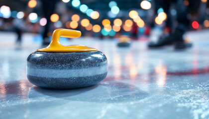 Close-up of a gleaming curling stone on smooth ice, emphasizing precision and elegance.