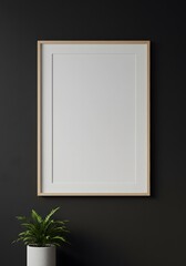 simple minimalist frame mockup poster hanging on the black wall with plant decoration. 50x70, 20x28, 20RP frame mockup poster