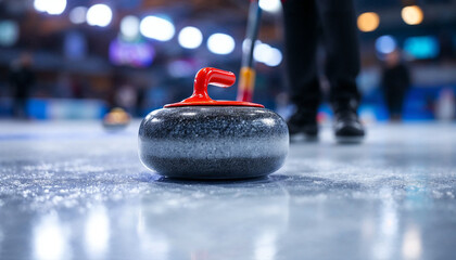 Close-up of a gleaming curling stone on smooth ice, emphasizing precision and elegance.