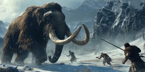 Prehistoric hunters confronting a massive woolly mammoth