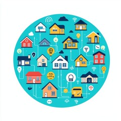 Colorful illustration of smart home technology with houses connected digitally.