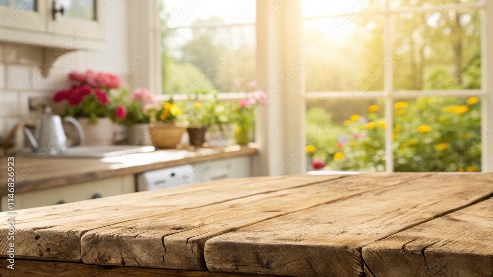 Aufkleber rustic wooden tabletop with blurred view of a kitchen and sunny garden through a window