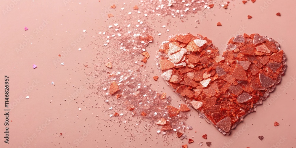Poster a delicate heart shape created from scattered pieces of glitter on a soft pink background, evoking f