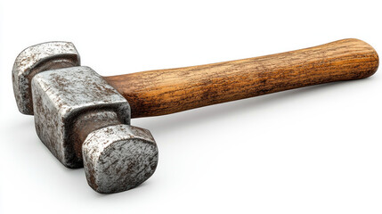Old rusty double-headed hammer with wooden handle isolated on white.