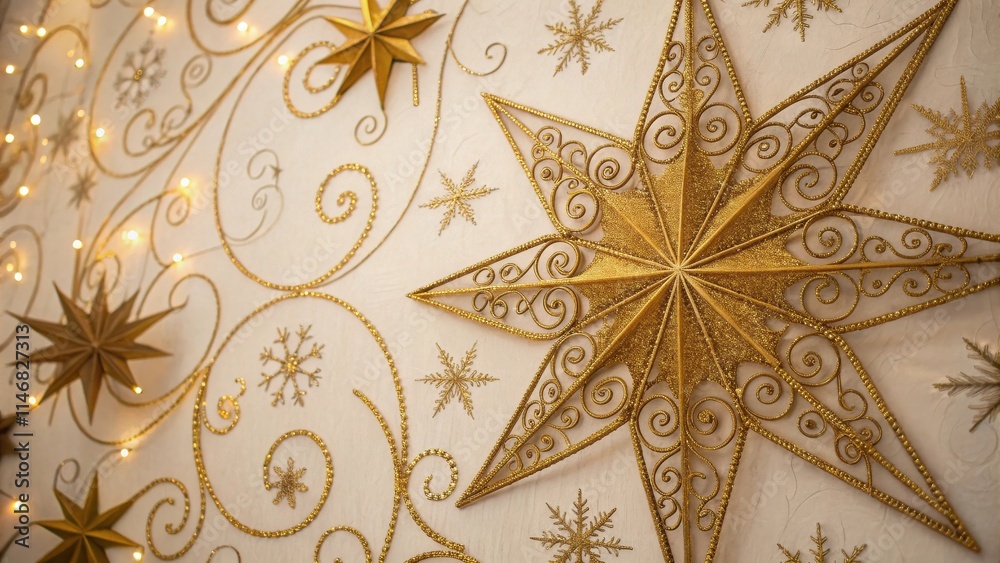 Poster a large, ornate, golden star with intricate details and a glittering finish, surrounded by smaller s