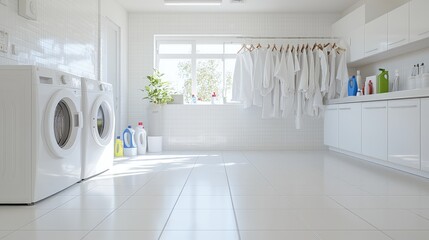 Bright, modern laundry room with white appliances, cabinets, and tiled floor. Clothes hang to dry near window.