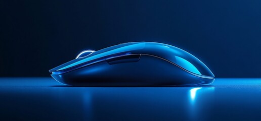 A sleek blue computer mouse positioned on a reflective surface.