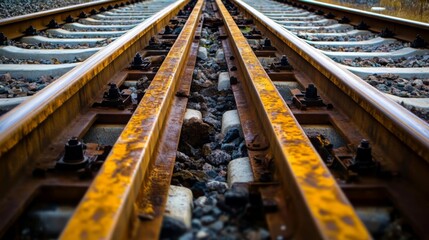 Fototapeta premium Rusty Railway Tracks - An Up Close Perspective of Industrial Infrastructure