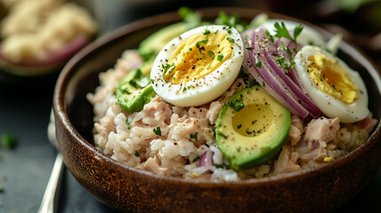 Savory rice bowl topped with eggs, avocado, and tuna with fresh herbs. 