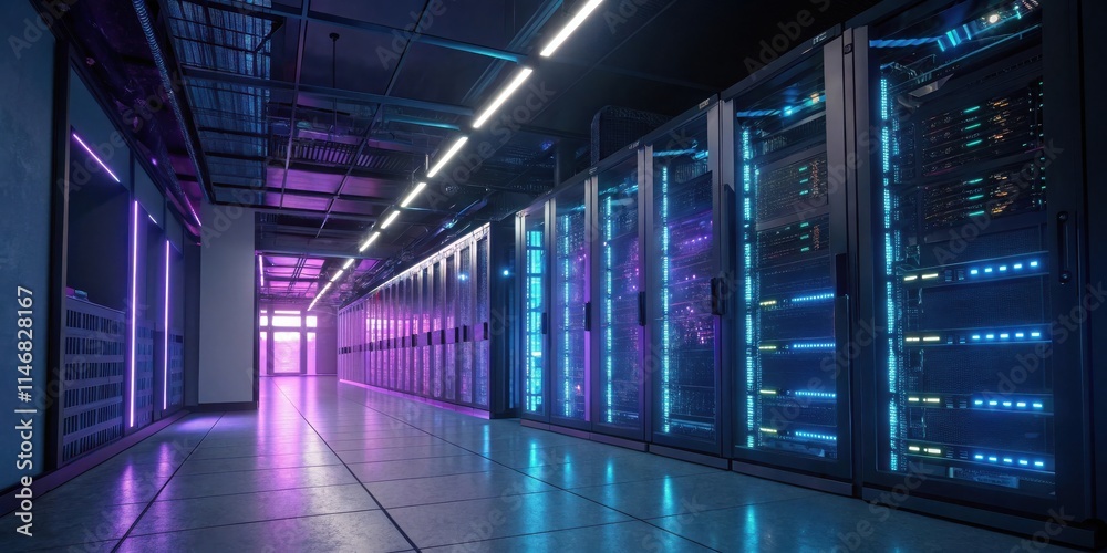 Poster A long hallway lined with rows of server racks, illuminated by vibrant blue and purple lights, creating a futuristic and modern data center aesthetic.