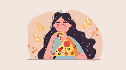 Overweight Woman Enjoying Pizza Vector Illustration