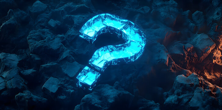 A luminous blue question mark emerges from dark, fragmented, crystalline shapes, evoking a futuristic and enigmatic vibe. This abstract composition symbolizes curiosity